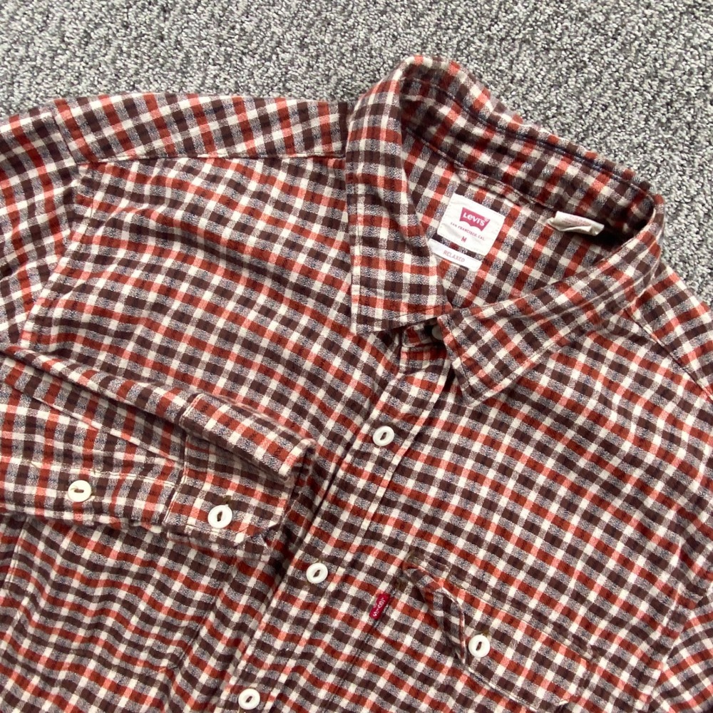 Levis Mens‎ Relaxed Fit Plaid Flannel Button Down Shirt Red Brown White Medium